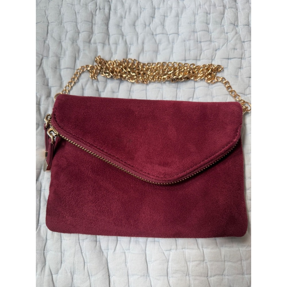Burgundy Faux Suede Envelope Crossbody Bag Gold Chain Strap Small Purse